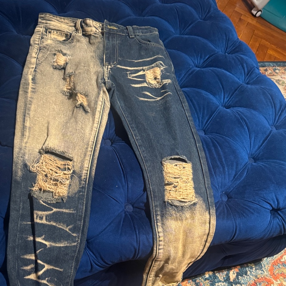 Distressed Blue and Tan Jeans